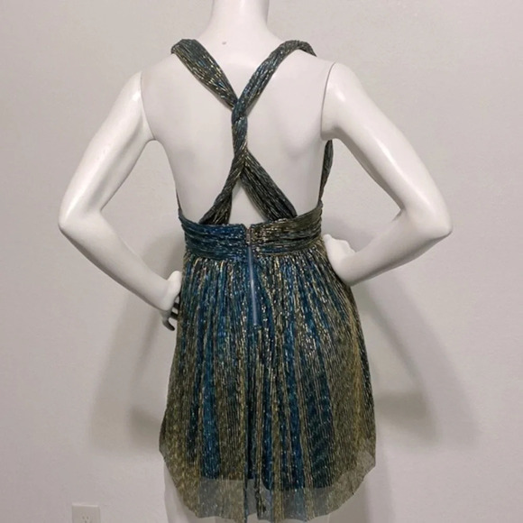 Lulu’s Ailey Gold and Teal Metallic Plunge Skater Dress Size Small - Picture 7 of 12